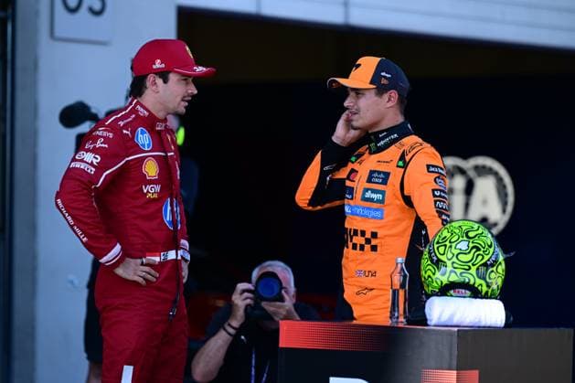 F1 Grand Prix of Austria - Qualifying Charles Leclerc of Scuderia Ferrari and Lando Norris of McLaren F1 Team celebrate after qualifying in Spielberg, Styria, Austria, on June 27, 2025, during the 12th round of the Formula 1 World Championship, WM, Weltmeisterschaft Spielberg Styria Austria  Copyright: xAndreaxDiodatox originalFilename:diodato-formula1250627_npXhE.jpg
