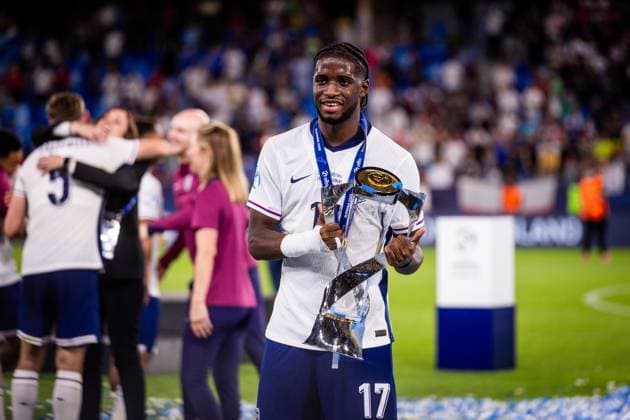 ENGLAND U21, U 21 - GERMANY U21 FINAL Samuel Iling Jr of England celebrates with a trophy after the UEFA European Under-21 Championship 2025 Final football match between England U21 and Germany U21. National Football Stadium (Tehelene Pole), Bratislava, Slovakia, June 28, 2025. Photo by Branislav Racko Copyright: xx _BRR4374