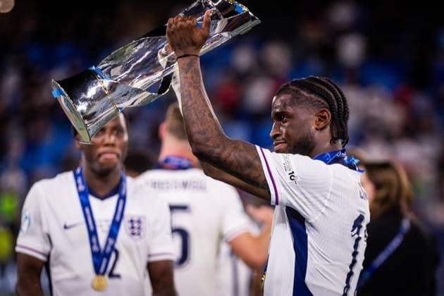 ENGLAND U21, U 21 - GERMANY U21 FINAL Samuel Iling Jr of England celebrates with a trophy after the UEFA European Under-21 Championship 2025 Final football match between England U21 and Germany U21. National Football Stadium (Tehelene Pole), Bratislava, Slovakia, June 28, 2025. Photo by Branislav Racko Copyright: xx _BRR4378