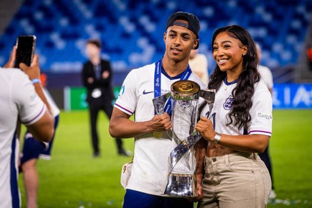 ENGLAND U21, U 21 - GERMANY U21 FINAL Omari Hutchinson of England celebrates with a trophy after the UEFA European Under-21 Championship 2025 Final football match between England U21 and Germany U21. National Football Stadium (Tehelene Pole), Bratislava, Slovakia, June 28, 2025. Photo by Branislav Racko Copyright: xx _BRR4547