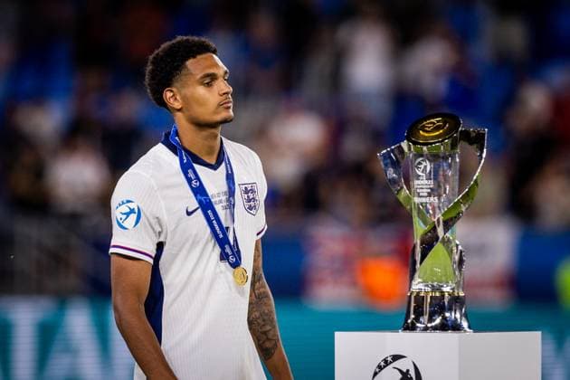 ENGLAND U21, U 21 - GERMANY U21 FINAL Jarell Quansah of England with a trophy after the UEFA European Under-21 Championship 2025 Final football match between England U21 and Germany U21. National Football Stadium (Tehelene Pole), Bratislava, Slovakia, June 28, 2025. Photo by Branislav Racko Copyright: xx 080A3452