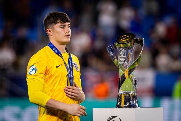 ENGLAND U21, U 21 - GERMANY U21 FINAL Tommy Simkin of England with a trophy after the UEFA European Under-21 Championship 2025 Final football match between England U21 and Germany U21. National Football Stadium (Tehelene Pole), Bratislava, Slovakia, June 28, 2025. Photo by Branislav Racko Copyright: xx 080A3515