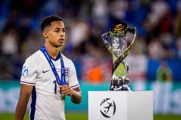ENGLAND U21, U 21 - GERMANY U21 FINAL Omari Hutchinson of England with a trophy after the UEFA European Under-21 Championship 2025 Final football match between England U21 and Germany U21. National Football Stadium (Tehelene Pole), Bratislava, Slovakia, June 28, 2025. Photo by Branislav Racko Copyright: xx 080A3548