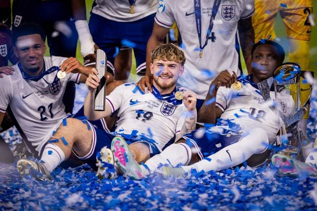 ENGLAND U21, U 21 - GERMANY U21 FINAL Ethan Nwaneri, Harvey Elliott, Brooke Norton Cuffy of England celebrate with a trophy after the UEFA European Under-21 Championship 2025 Final football match between England U21 and Germany U21. National Football Stadium (Tehelene Pole), Bratislava, Slovakia, June 28, 2025. Photo by Branislav Racko Copyright: xx 080A3749
