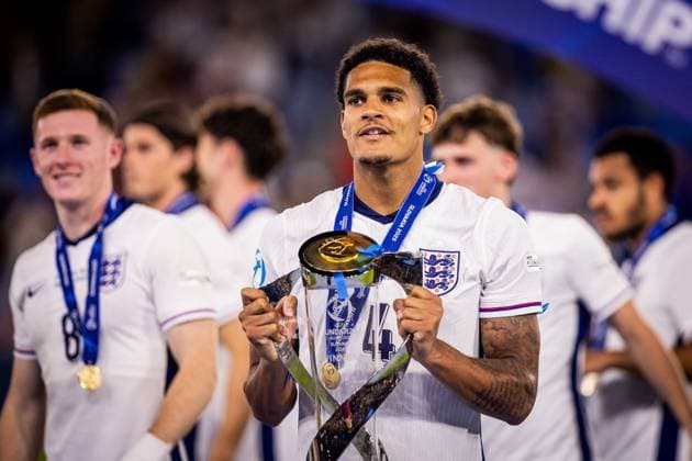 ENGLAND U21, U 21 - GERMANY U21 FINAL Jarell Quansah of England celebrates with trophy after the UEFA European Under-21 Championship 2025 Final football match between England U21 and Germany U21. National Football Stadium (Tehelene Pole), Bratislava, Slovakia, June 28, 2025. Photo by Branislav Racko Copyright: xx 080A3796
