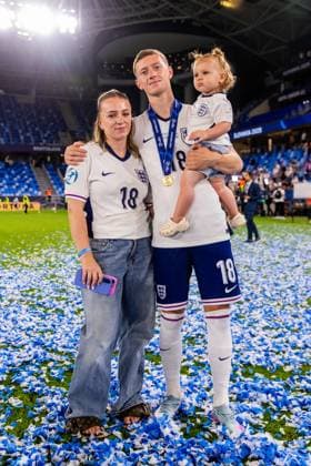 ENGLAND U21, U 21 - GERMANY U21 FINAL Jay Stansfield of England celebrates with his family after the UEFA European Under-21 Championship 2025 Final football match between England U21 and Germany U21. National Football Stadium (Tehelene Pole), Bratislava, Slovakia, June 28, 2025. Photo by Branislav Racko Copyright: xBranislavxRackox AS0I1616