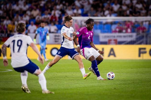 ENGLAND U21, U 21 - GERMANY U21 FINAL James McAtee of England and Bright Arrey Mbi of Germany during the UEFA European Under-21 Championship 2025 Final football match between England U21 and Germany U21. National Football Stadium (Tehelene Pole), Bratislava, Slovakia, June 28, 2025. Photo by Branislav Racko Copyright: xx 080A0686