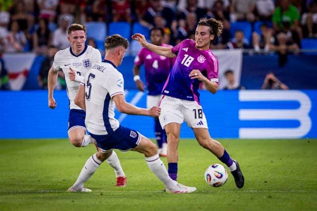 ENGLAND U21, U 21 - GERMANY U21 FINAL Charlie Cresswell of England and Rocco Reitz of Germany during the UEFA European Under-21 Championship 2025 Final football match between England U21 and Germany U21. National Football Stadium (Tehelene Pole), Bratislava, Slovakia, June 28, 2025. Photo by Branislav Racko Copyright: xx 080A0706