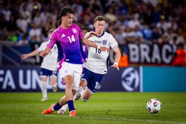 ENGLAND U21, U 21 - GERMANY U21 FINAL Jay Stansfield of England and Tim Oermann of Germany during the UEFA European Under-21 Championship 2025 Final football match between England U21 and Germany U21. National Football Stadium (Tehelene Pole), Bratislava, Slovakia, June 28, 2025. Photo by Branislav Racko Copyright: xx 080A1287