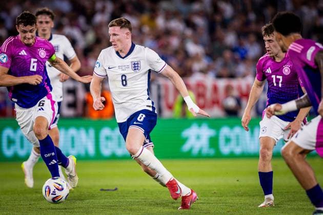 ENGLAND U21, U 21 - GERMANY U21 FINAL Elliot Anderson of England and Eric Martel, Brajan Gruda of Germany during the UEFA European Under-21 Championship 2025 Final football match between England U21 and Germany U21. National Football Stadium (Tehelene Pole), Bratislava, Slovakia, June 28, 2025. Photo by Branislav Racko Copyright: xx 080A1705