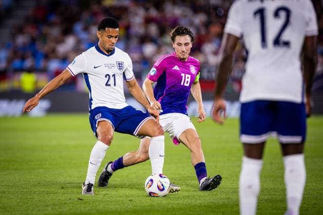 ENGLAND U21, U 21 - GERMANY U21 FINAL Ethan Nwaneri of England and Rocco Reitz of Germany during the UEFA European Under-21 Championship 2025 Final football match between England U21 and Germany U21. National Football Stadium (Tehelene Pole), Bratislava, Slovakia, June 28, 2025. Photo by Branislav Racko Copyright: xx 080A2322