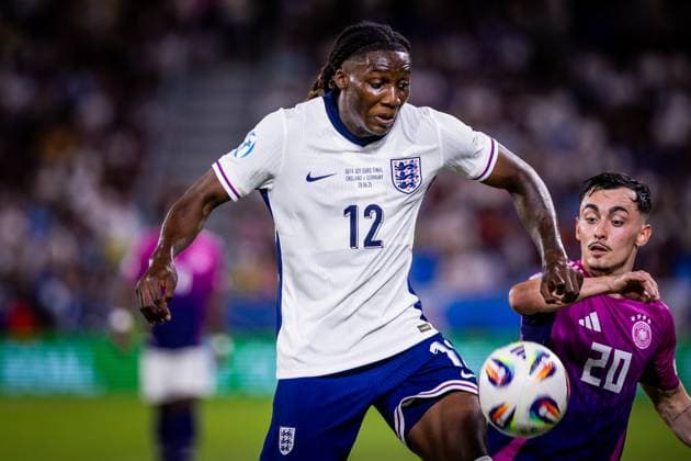 ENGLAND U21, U 21 - GERMANY U21 FINAL Brooke Norton Cuffy of England and Paul Nebel of Germany during the UEFA European Under-21 Championship 2025 Final football match between England U21 and Germany U21. National Football Stadium (Tehelene Pole), Bratislava, Slovakia, June 28, 2025. Photo by Branislav Racko Copyright: xx 080A2535
