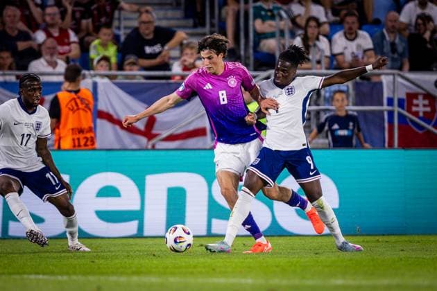 ENGLAND U21, U 21 - GERMANY U21 FINAL Jonathan Rowe of England and Merlin Rohl of Germany during the UEFA European Under-21 Championship 2025 Final football match between England U21 and Germany U21. National Football Stadium (Tehelene Pole), Bratislava, Slovakia, June 28, 2025. Photo by Branislav Racko Copyright: xx 080A2581