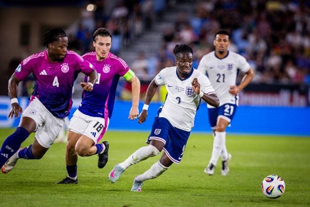 ENGLAND U21, U 21 - GERMANY U21 FINAL Jonathan Rowe of England and Bright Arrey Mbi of Germany during the UEFA European Under-21 Championship 2025 Final football match between England U21 and Germany U21. National Football Stadium (Tehelene Pole), Bratislava, Slovakia, June 28, 2025. Photo by Branislav Racko Copyright: xx 080A2770