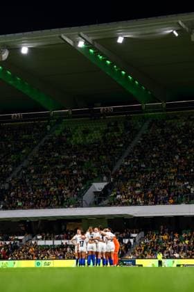 Slovenia team huddle prior to the Women?s International Friendly, Länderspiel, Nationalmannschaft game between Australia and Slovenia at HBF Park in Perth, Australia. (Ramiro Larguia SPP) Copyright: xRamiroxLarguiax xSPPx spp-en-RaLaSp-AUSvsSLO0018