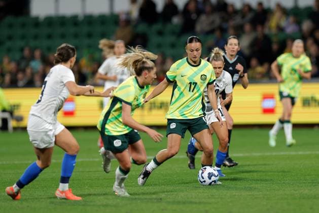 SOCCER AUSTRALIA SLOVENIA, Amy Sayer of of Australia in action during the Women s friendly international soccer match between Australia and Slovenia at HBF Park in Perth, Sunday, June 29, 2025. ( NO ARCHIVING, EDITORIAL USE ONLY PERTH WESTERN AUSTRALIA AUSTRALIA  Copyright: xRICHARDxWAINWRIGHTx 20250629166881199582
