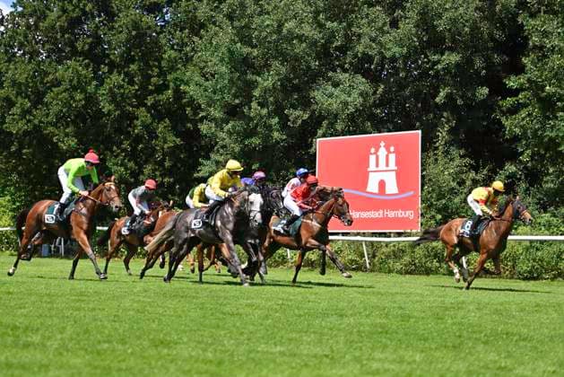 Sport Themen der Woche KW26 Sport Bilder des Tages GER; Galoppderby 2025 29.06.2025, Galopprennbahn Hamburg-Horn, Galopp Derby 2025, Schoppe-Cup im Bild das Feld beim Start aus der Boc *** GER Galoppderby 2025 29 06 2025, Galopprennbahn Hamburg Horn, Galopp Derby 2025, Schoppe Cup in the picture the field at the start from the Boc nordphotoxGmbH xWitke nph00002