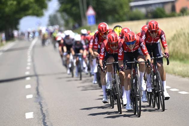 Lotto Cycling Team riders pictured in action during the men s elite road race of the Belgian Cycling Championships, 230km from and to the Grand Place square in Binche on Sunday 29 June 2025. POOLxNICOxVEREECKEN  x128058749x