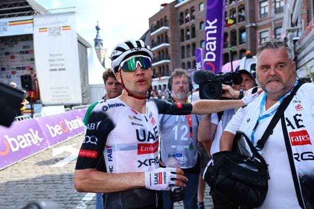 Belgian Tim Wellens of UAE Team Emirates reacts after winning the men s elite road race of the Belgian Cycling Championships, 230km from and to the Grand Place square in Binche on Sunday 29 June 2025. DAVIDxPINTENS  x128060575x