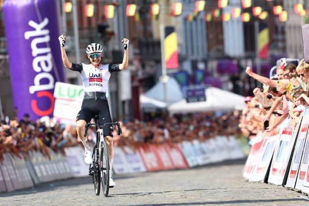 Belgian Tim Wellens of UAE Team Emirates celebrates as he wins the men s elite road race of the Belgian Cycling Championships, 230km from and to the Grand Place square in Binche on Sunday 29 June 2025. DAVIDxPINTENS  x128060654x