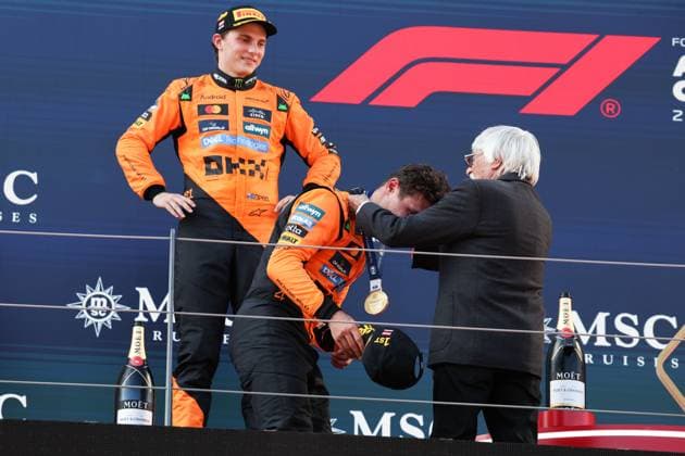 4 Lando Norris (GBR, McLaren F1 Team), Bernie Ecclestone (GBR), F1 Grand Prix of Austria at Red Bull Ring on June 29, 2025 in Spielberg, Austria. (Photo by HOCH ZWEI) Spielberg Austria