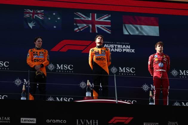 81 Oscar Piastri (AUS, McLaren F1 Team), 4 Lando Norris (GBR, McLaren F1 Team), 16 Charles Leclerc (MCO, Scuderia Ferrari HP), F1 Grand Prix of Austria at Red Bull Ring on June 29, 2025 in Spielberg, Austria. (Photo by HOCH ZWEI) Spielberg Austria
