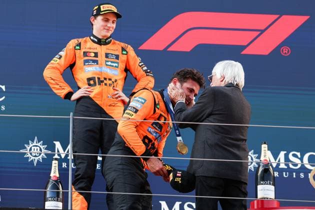 4 Lando Norris (GBR, McLaren F1 Team), Bernie Ecclestone (GBR), F1 Grand Prix of Austria at Red Bull Ring on June 29, 2025 in Spielberg, Austria. (Photo by HOCH ZWEI) Spielberg Austria