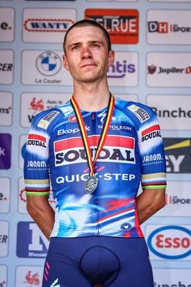 Belgian Remco Evenepoel of Soudal Quick-Step pictured on the podium after the men s elite road race of the Belgian Cycling Championships, 230km from and to the Grand Place square in Binche on Sunday 29 June 2025. DAVIDxPINTENS  x128062352x
