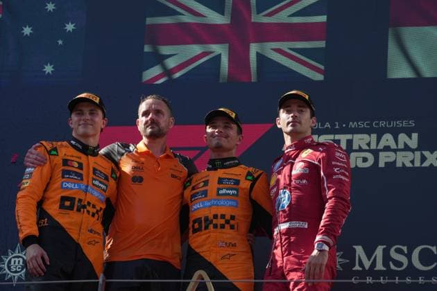 Formel 1 Großer Preis von Österreich 2025 29.06.2025, Red Bull Ring, Spielberg, Formel 1 Großer Preis von Österreich 2025 , im Bild Sieger Lando Norris (GBR), McLaren F1 Team, 2.Platz für Oscar Piastri (AUS), 3.Platz für Charles Leclerc (MCO), Scuderia Ferrari HP