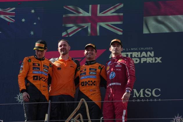 Formel 1 Großer Preis von Österreich 2025 29.06.2025, Red Bull Ring, Spielberg, Formel 1 Großer Preis von Österreich 2025 , im Bild Sieger Lando Norris (GBR), McLaren F1 Team, 2.Platz für Oscar Piastri (AUS), 3.Platz für Charles Leclerc (MCO), Scuderia Ferrari HP
