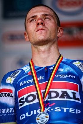 Belgian Remco Evenepoel of Soudal Quick-Step pictured on the podium after the men s elite road race of the Belgian Cycling Championships, 230km from and to the Grand Place square in Binche on Sunday 29 June 2025. DAVIDxPINTENS  x128062423x