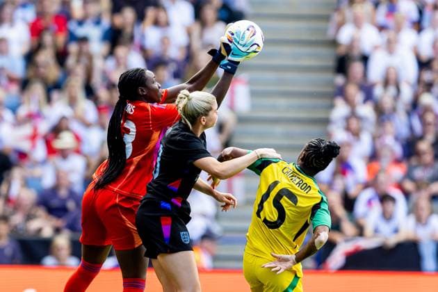 England Women v Jamaica Friendly 29 06 2025. UEFA EURO, EM, Europameisterschaft,Fussball 2025 send-off Jamaica goalkeeper Liya Brooks (23) makes a save during the UEFA EURO 2025 send-off fixture match between England Women and Jamaica Women at the King Power Stadium, Leicester, England on 29 June 2025. Leicester King Power Stadium Leicestershire England Editorial use only , Copyright: xManjitxNarotrax PSI-22284-0004