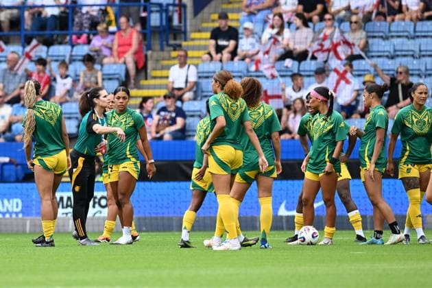 29th June 2025; King Power Stadium, Leicester, England; Womens International Football Friendly, England versus Jamaica; Jamaica players during the pre-match warm-up  ActionPlus12806953 GodfreyxPitt