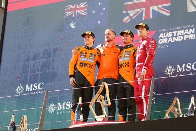 Formel 1 Grosser Preis von Oesterreich 2025 Formel 1 Grosser Preis von Oesterreich 2025 - Red Bull Ring 27. - 29. Juni 2025 FIA - Formel 1 - WM - Großer Preis Oesterreich - 2025 Im Bild: Podium: 1. Lando Norris (GBR) 2. Oscar Piastri (AUS) 3.Charles Leclerc (MCO) Copyright: xBEAUTIFULxSPORTS Bernhardtx