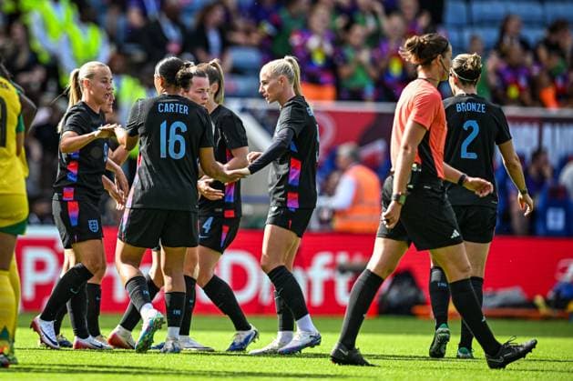 29th June 2025; King Power Stadium, Leicester, England; Womens International Football Friendly, England versus Jamaica; Ella Toone of England celebrates with her team after scoring in the 10th minute for 1-0  ActionPlus12806967 GodfreyxPitt