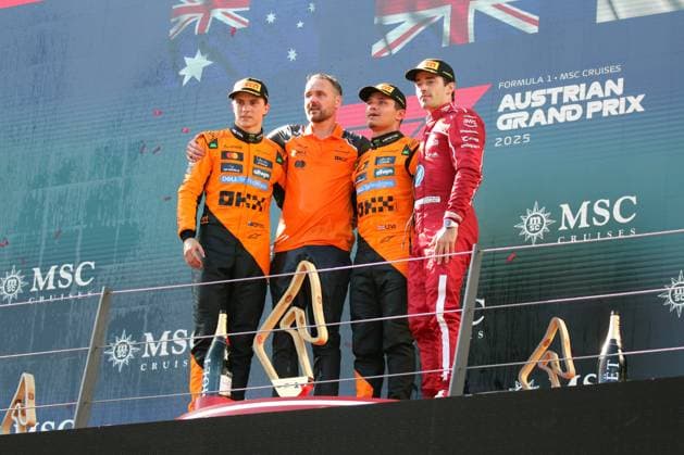 Formel 1 Grosser Preis von Oesterreich 2025 Formel 1 Grosser Preis von Oesterreich 2025 - Red Bull Ring 27. - 29. Juni 2025 FIA - Formel 1 - WM - Großer Preis Oesterreich - 2025 Im Bild: Podium: 1. Lando Norris (GBR) 2. Oscar Piastri (AUS) 3.Charles Leclerc (MCO) Copyright: xBEAUTIFULxSPORTS Bernhardtx