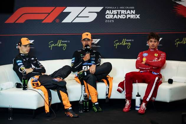 81 Oscar Piastri (AUS, McLaren F1 Team), 4 Lando Norris (GBR, McLaren F1 Team), 16 Charles Leclerc (MCO, Scuderia Ferrari HP), F1 Grand Prix of Austria at Red Bull Ring on June 29, 2025 in Spielberg, Austria. (Photo by HOCH ZWEI) Spielberg Austria