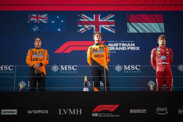 Podium of the race, Lando Norris , Charles Leclerc, Oscar Piastri during the Austrian GP, Spielberg 26-29 June 2025, Red Bull Ring Formula 1 World Championship, WM, Weltmeisterschaft 2025.  Copyright: xFedericoxBasile IPAxSportx xipa-agency.netx xx IPA_59673064 IPA_Agency_IPA59673064
