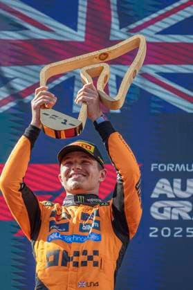 F1 Grand Prix of Austria Winner Lando Norris of Great Britain and McLaren F1 Team driver stands on the podium with the trophy after the race at the Formula 1 MSC Cruises Austrian Grand Prix in Spielberg, Austria, on June 29, 2025. Spielberg Austria  Copyright: xRobertxSzaniszlox originalFilename:szaniszlo-notitle250629_npX4x.jpg