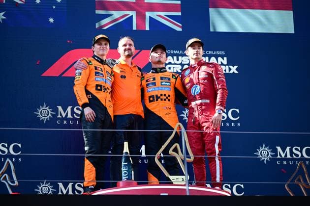 F1 Grand Prix of Austria Oscar Piastri of the McLaren F1 Team, Lando Norris of the McLaren F1 Team, and Charles Leclerc of Scuderia Ferrari celebrate after the race during the 12th round of the Formula 1 World Championship, WM, Weltmeisterschaft in Spielberg, Styria, Austria, on June 29, 2025. Spielberg Styria Austria  Copyright: xAndreaxDiodatox originalFilename:diodato-formula1250628_nprSW.jpg