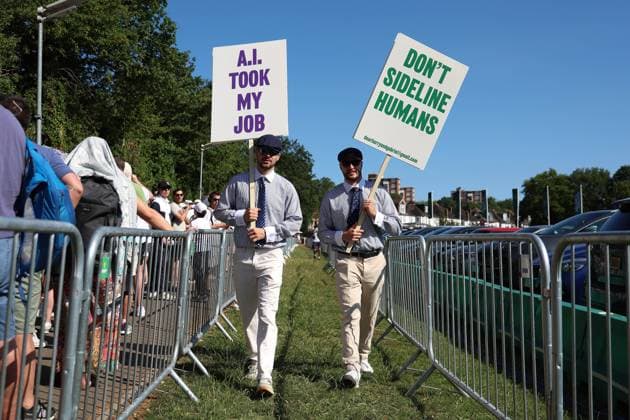 30th June 2025; All England Lawn Tennis and Croquet Club, London, England; Wimbledon Tennis Tournament, Day 1; A Pair of protesters dressed up as line judges alongside thousands of Wimbledon spectators queueing in the morning during a heatwave  ActionPlus12807201 JohnxPatrickxFletcher