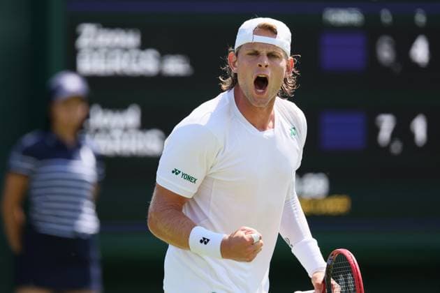 Belgian Zizou Bergs reacts during a tennis match against South African Harris, in the first round of the men s singles at the 2025 Wimbledon grand slam tournament, Monday 30 June 2025 at the All England Tennis Club, in South-West London, Britain. BENOITxDOPPAGNE  x128124446x