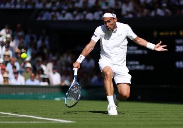 Wimbledon Championships 2025 AELTC, Day One, London, UK - 30 06 2025 Fabio Fognini (ITA) in action during his first round match against Carlos Alcaraz (ESP) in the 2025 Wimbledon Championships London Wimbledon London GBR, UK NEWSPAPERS OUT Copyright: xMarkxGreenwoodx