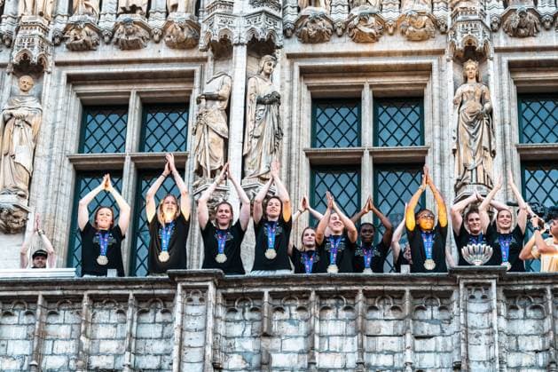 L-R Belgium s Marie Vervaet, Belgium s Becky Massey, Belgium s Emma Meesseman, Belgium s Ine Joris, Belgium s Elise Ramette, Belgium s Nastja Claessens, Belgium s Bethy Mununga, Belgium s Maxuella Lisowa Mbaka and Belgium s Kyara Linskens pictures at the celebrations at the Brussels city hall and Grand Place Grote Markt for Belgian national women basket team the Belgian Cats , after winning yesterday s European Championship, EM, Europameisterschaft final, Monday 30 June 2025. Yesterday the Cats successfully defended their European title, beating Spain in the final of the FIBA Women s EuroBasket 2025. MARIUS BURGELMAN MariusxBurgelman x128160854x
