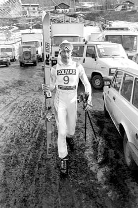 850210 Alpint, VM: Ingemar Stenmark, Sverige deppar efter att ha brutit i storslalom. *** 850210 Alpine skiing, World Championships Ingemar Stenmark, Sweden depressed after breaking in giant slalom  Copyright: BILDBYRAN BB850210BB042