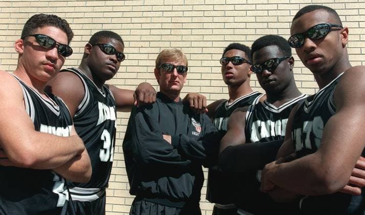 ***1- Robinson High School basketball starters pictured on Tuesday (3 3 98) at the school from left; Carlos Cosme, Larrell Johnson, head coach Scott Wagers, Desmond Allison, Zain Gilmore, and Cedric Powell. Copyright: xStxPetersburgxTimesx