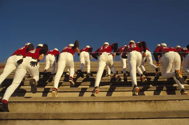 Aug 29, 1998; Miami, FL, USA; File photo, date unknown. A team of baseball players during a physical conditioning sprint up concrete steps inside a stadium. Miami FL USA Copyright: xPaulxBroux