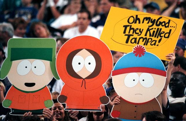 .The Tampa Bay Bucs vs. the Minnesota Vikings on Sunday, September 6, 1998. Minnesota fans hold up the images from the the television show South Park. .- -.Times Photo By:.Jamie Francis.- -.Story By:.Stroud hooper.- -.SCANNED BY:..- - RUN DATE: .9 7 98 Copyright: xStxPetersburgxTimesx
