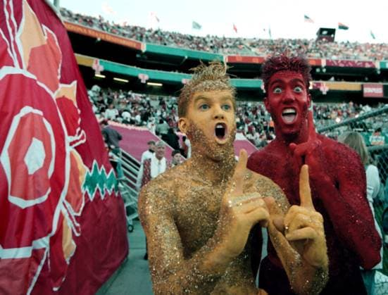 .Tenn vs FSU on Monday Jan. 4, 1999 at Sun Devil Stadium in Tempe, Arizona for the Tostitos Fiesta Bowl. - . 2.) FSU fans Josh White Jr., 20, and Kevin Fulmer, 21 of Ft Meyers cheer before the game..- -.Times Photo by.Kevin White.- -.Story By:..- -.SCANNED BY:.white.- - RUN DATE: Copyright: xStxPetersburgxTimesx