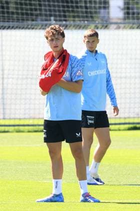 DEU, DFL, 2. FBL Hertha BSC, Training, 01.07.2025, Sportforum, Berlin, DEU, DFL, 2. FBL Hertha BSC, Training, im Bild Maurice Krattenmacher (Hertha BSC Berlin 14), Michael Cuisance (Hertha BSC Berlin 10) DFL - regulations prohibit any use of Photographs as image sequences and or quasi-video